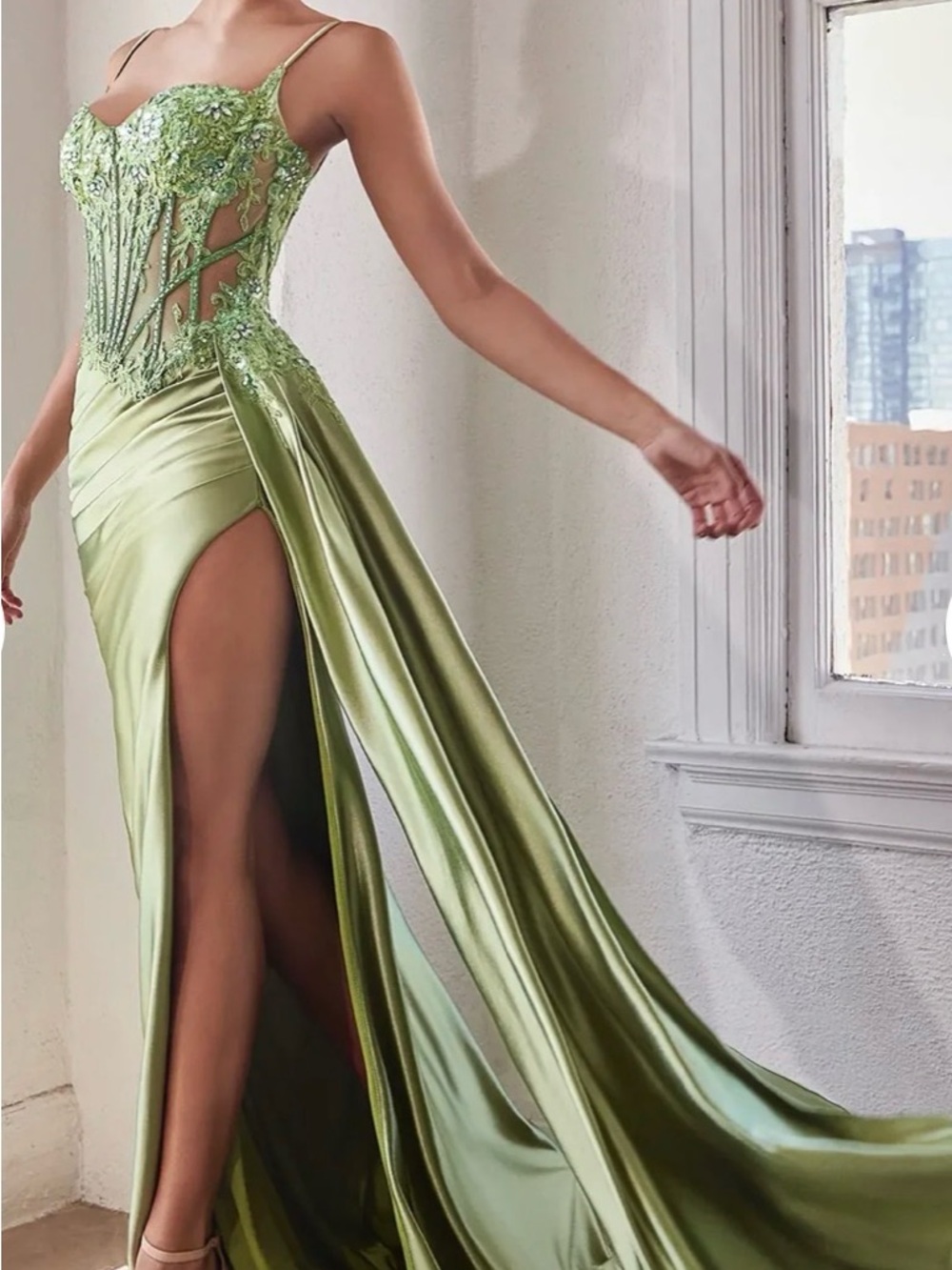 Olive Green Beaded Satin Evening Gown with High Slit